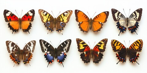 Fototapeta premium Colorful butterflies displayed in a variety of patterns and colors on a white background