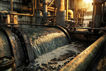 Fototapeta premium Capturing the dynamic flow of molten metal and industrial wastewater in a contemporary manufacturing environment
