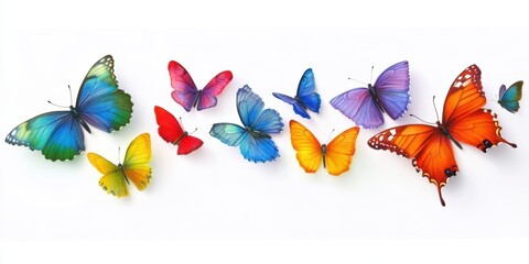 Fototapeta premium Colorful butterflies of various species in a vibrant display on a white background