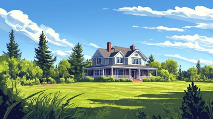 Suburban house on a sunny day, surrounded by lush green grass and evergreen trees.