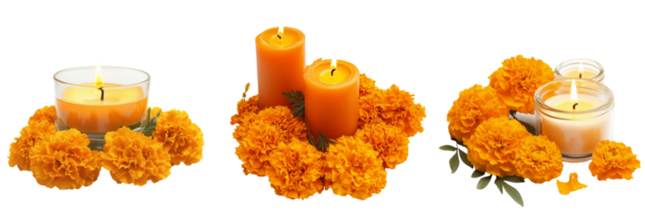 Set of A bright and cheerful vector of marigold flowers forming a circular wreath with a candle in the center on transparent png background