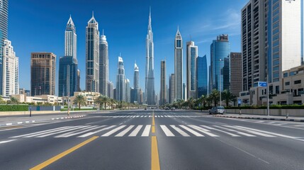 Obraz premium A modern city skyline featuring tall buildings and a clear blue sky.