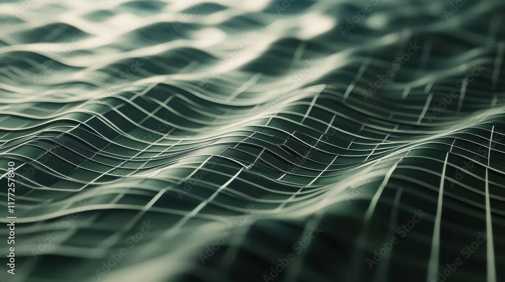 Poster abstract light green grid waves on dark background. technology concept. 3d rendering