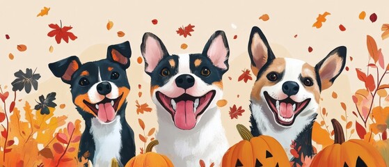 three happy dogs with pumpkins