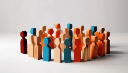 Diverse wooden figures in various colors standing in a group, symbolizing community, inclusion, unity, equality, and individuality

