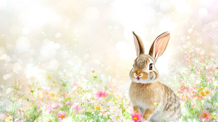 Fototapeta premium watercolor style bunny in dreamy flower field, surrounded by colorful blooms, evokes sense of joy and tranquility