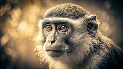 Fototapeta premium Sepia-toned portrait of a gray monkey, reminiscent of vintage wildlife photography.
