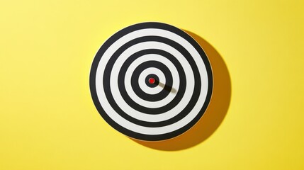 A dartboard lying flat with darts arranged symmetrically on a sunny yellow background