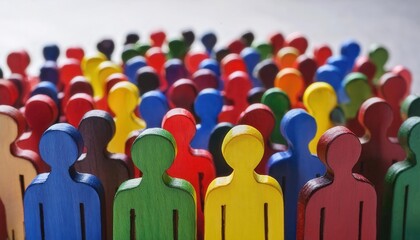 Vibrant Wooden Figures Representing Diversity Inclusion and Unity with Multicolored Abstract Human Shapes Symbolizing Community Pride

