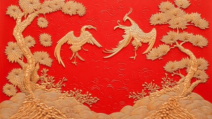 Intricate Golden Wall Art with Mythical Birds and Trees Design