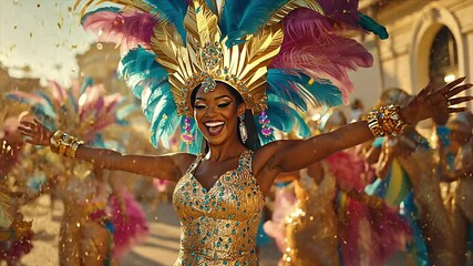 Samba dancer in vibrant carnival parade in colorful feathered headdress and sparkling gold costume. - Powered by Adobe