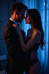 A couple seen in profile, one against the other, in the darkness of a room.