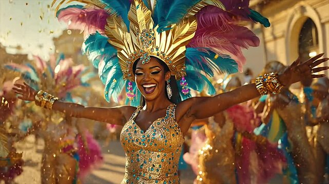 Samba dancer in vibrant carnival parade in colorful feathered headdress and sparkling gold costume. 