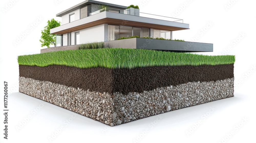 Poster a modern house design with layered soil showcasing architectural and environmental elements.