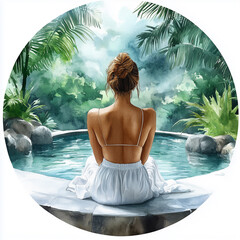 Image of young girl in spa salon in watercolor style, popular modern illustration creating a sublime, comfortable and elegant atmosphere for maximum relaxation