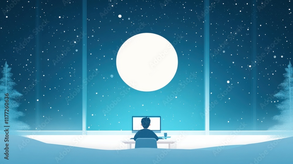 Poster serene nighttime scene with a person contemplating at a computer desk under a large moon surrounded 