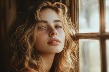 Young woman with wavy hair gazing out of vintage window