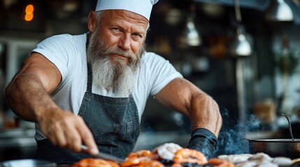 Skilled chef prepares grilled seafood in a bustling kitchen during evening hours