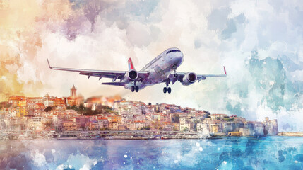Naklejka premium stunning airplane taking off over vibrant coastal city, showcasing urban life and scenic beauty. colorful watercolor effect adds dreamy touch to scene