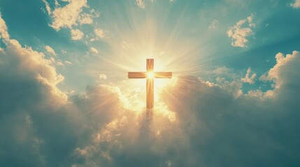 holy sunlight shining on the Christ wooden cross symbol with religious clouds on blue sky background