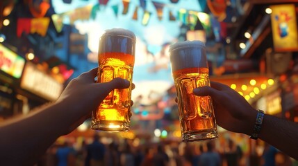 scene from the International Beer Festival with craft brews, music, and enthusiastic crowds, glass of beer and raising a toast