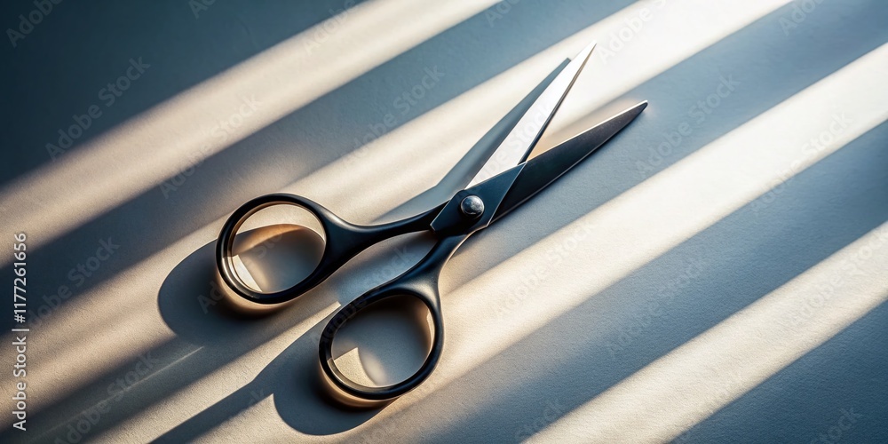 Poster black scissors aerial view - overhead shot of sharp metal scissors on a clean background