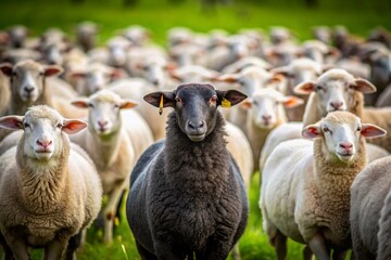 Obraz premium Black Sheep Standing Out: Unique Individual in a Crowd of White Sheep