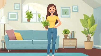Happy woman holding potted plant in her cozy living room.