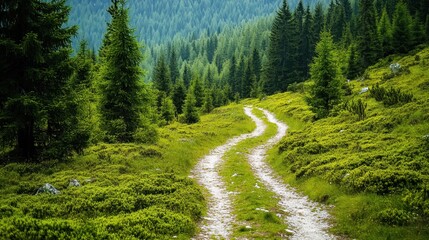 Fototapeta premium A high-angle shot of a mountain trail surrounded by dense green foliage