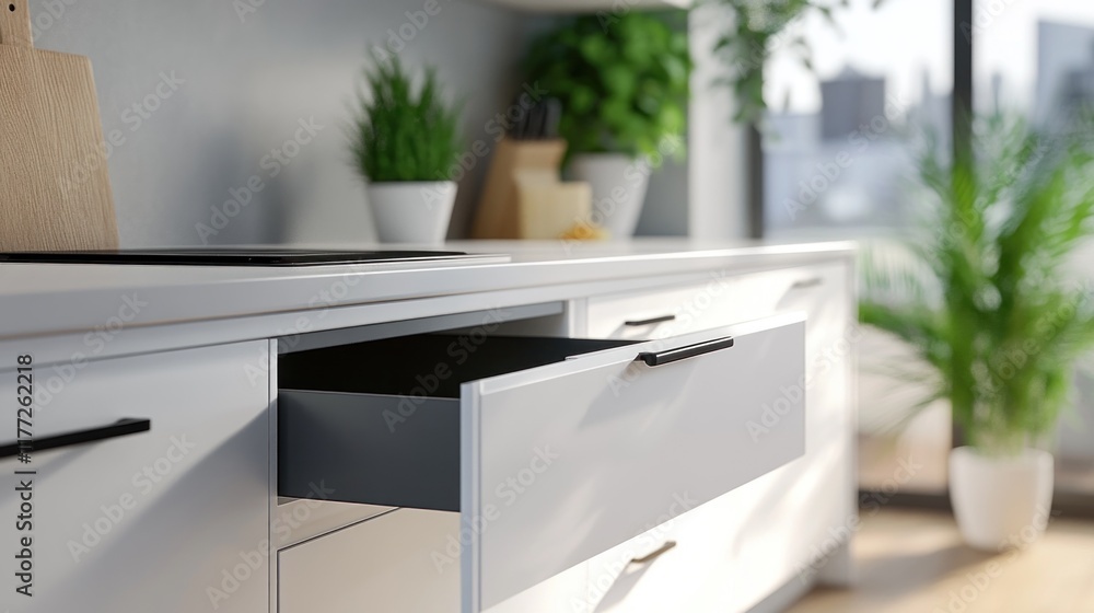 Poster a modern kitchen scene featuring an open drawer and greenery in a bright, inviting space.