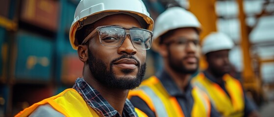 Obraz premium Group of workers in safety gear at a construction site, showcasing teamwork and professionalism.