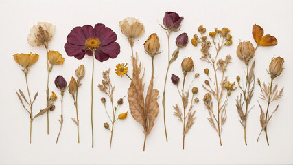 pressed dried flowers with a space for text on white background