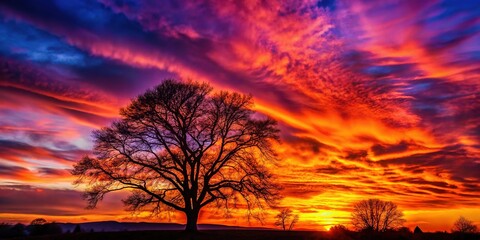 Obraz premium Majestic Sunset Silhouette: Dark Trees Against Vibrant Sky