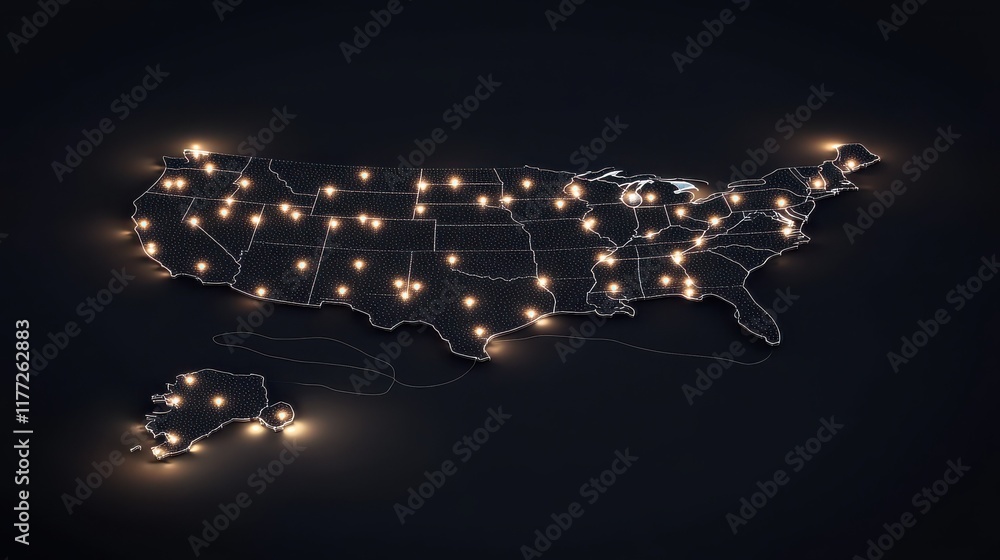 Poster social network connection concept with glowing contour lines countries and dots on dark background. 