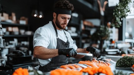 Skilled chef preparing sushi with precision in a vibrant restaurant kitchen setting