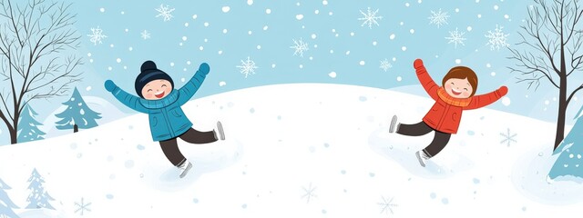 Joyful Children Ice Skating in a Winter Wonderland with Snowflakes and Trees, Capturing the Fun and Delight of a Snowy Day in a Colorful Illustration