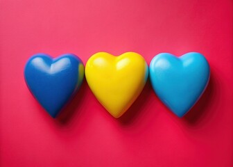 Obraz premium Minimalist Pink Background with Red, Yellow, & Blue Hearts - Love & Happiness Concept