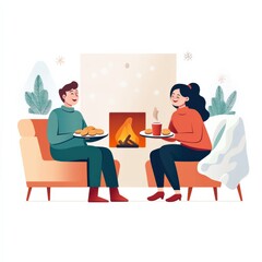 Cozy Winter Evening with Friends Sharing Cookies and Warm Drinks by the Fireplace in a Comfortable Living Room Setting