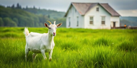 Obraz premium Minimalist White House Goat Grazing in Green Field - Farm Animal Stock Photo