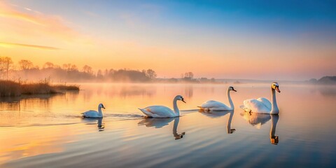 Naklejka premium Minimalist White Swans and Ducks on Calm Water at Dawn