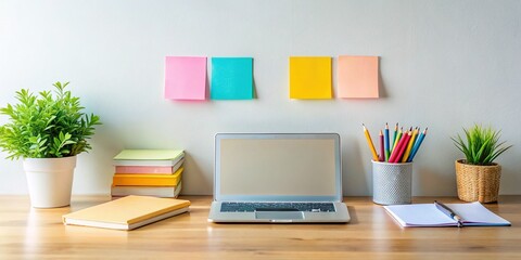 Minimalist Workspace: Organized Desk with Notebooks, Pens & Sticky Notes