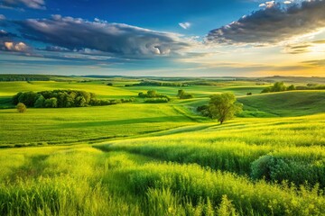 Fototapeta premium Minnesota Prairie: Rolling Green Hills and Grassy Fields - Minimalist Landscape Photography
