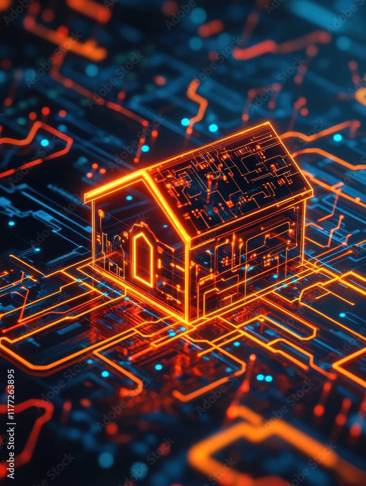 Poster smart system management and smart home technologies concept with glowing digital home icon surrounde