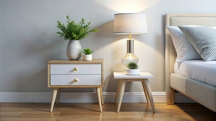 Modern Nightstand with Lamp & Decor - White Background Stock Photo