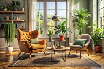 Obraz premium Modern Vintage Living Room Sitting Area: Stylish Retro Interior Design Stock Photo