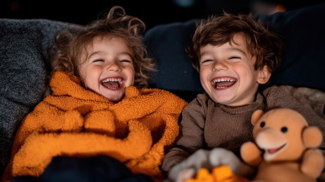 Children enjoying a cozy night in with laughter and warmth on a chilly evening