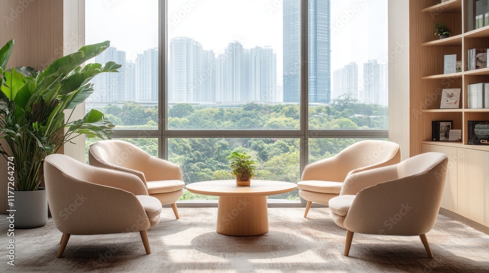 Poster A modern lounge area with soft chairs and a view of a city skyline and greenery.