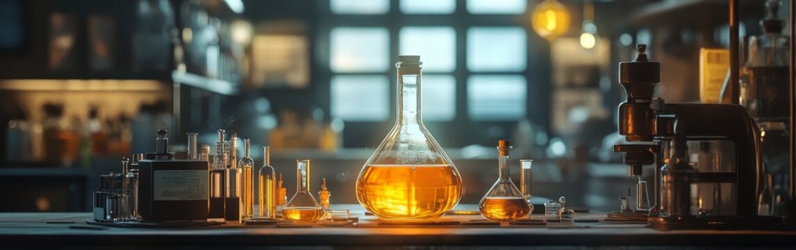 A steampunk-inspired vintage lab setup with glowing equipment, evoking themes of scientific discovery, innovation, and retro-futurism.