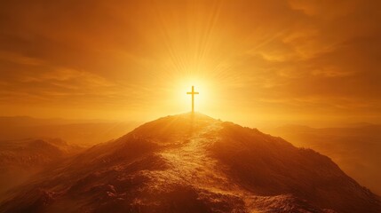 Shining cross on Calvary hill, sunrise, sunset sky background. Copy space. Ascension day concept. Christian Easter. Faith in Jesus Christ. Christianity. Church worship, salvation concept.