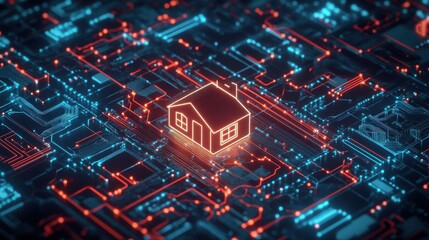 Obraz premium Smart system management and smart home technologies concept with glowing digital home icon surrounded by circuit lines, IOT on dark background. 3D rendering